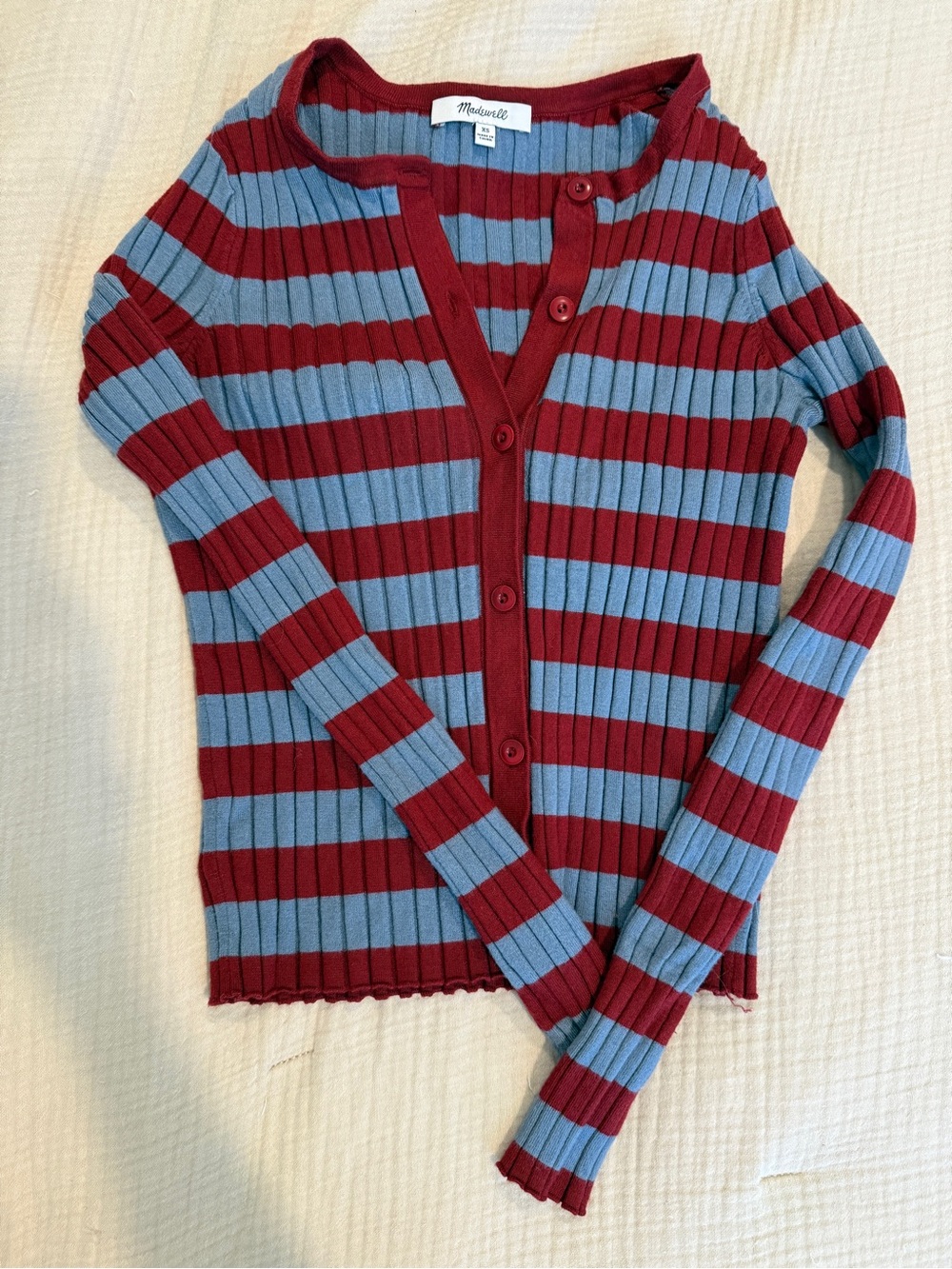 Madewell Striped Crewneck Cardigan in Red & Blue